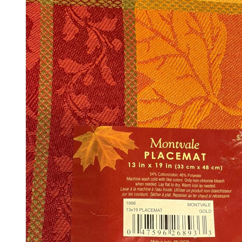 Bardwil Linens Montvale Placemats Set of 2 Fall Autumn Leaf Gold Red 13x19 NEW